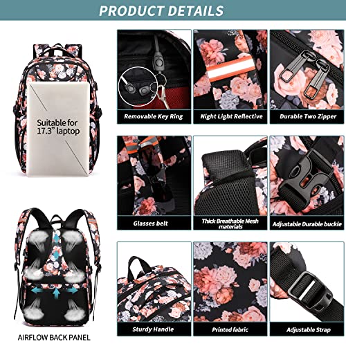 HILUSEN Lunch Backpack for Women, Insulated Cooler Lunch Box, Extra Large Work Backpack with USB Charging Port, Water Resistant 17 inch Travel Laptop Backpack - color: Black Pink