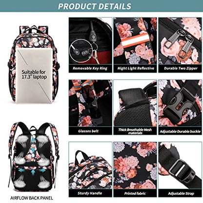 HILUSEN Lunch Backpack for Women, Insulated Cooler Lunch Box, Extra Large Work Backpack with USB Charging Port, Water Resistant 17 inch Travel Laptop Backpack - color: Black Pink