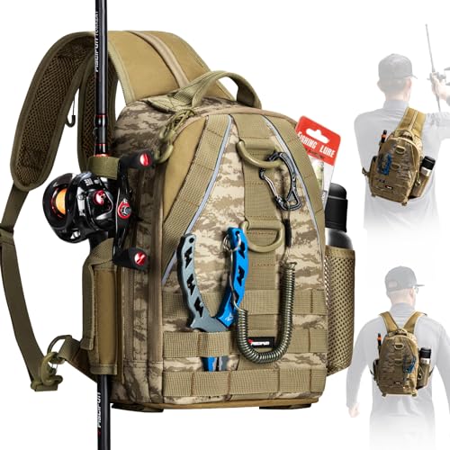 Piscifun Fishing Backpack with Rod Holder, Lightweight Sling Bag Storge Gear and Equipment - color: Khaki Camouflage, size: Standard, style: Urban