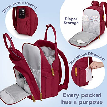 RUVALINO Diaper Bag Backpack, Multifunction Travel Pack Maternity Baby Changing Bags, Large Capacity, Waterproof, Purplish Red - color: Purplish Red