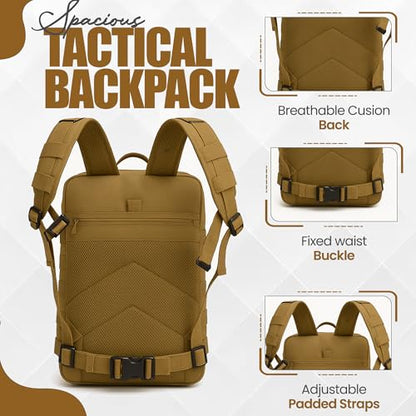 45L Military Tactical Backpack Large Day Pack for Men – MOLLE Rucking Assault Rucksack, Heavy-Duty Water-Resistant Bag for Hiking, Gym, Travel & Outdoor Adventures – Khaki - color: Khaki