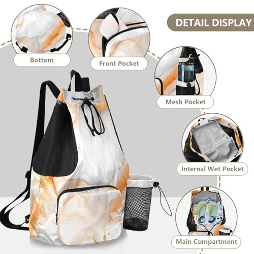 Drawstring Bags For Men Women Climbing Gym Bag With Pockets String Bag Waterproof Marble White Orange - color: Color 23