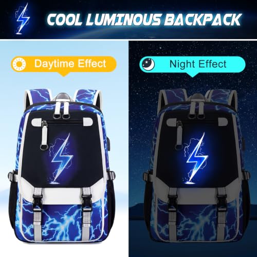 Bevalsa Backpack for Boys, Cool Luminous Boys Backpack with Sling Bag, Lunch Box & Pen Case, School Bags for Kids Children Teens Elementary Middle Schools, Bookbag Glow In The Dark (Lightning) - color: Blue Lightning