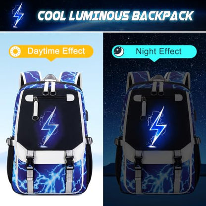 Bevalsa Backpack for Boys, Cool Luminous Boys Backpack with Sling Bag, Lunch Box & Pen Case, School Bags for Kids Children Teens Elementary Middle Schools, Bookbag Glow In The Dark (Lightning) - color: Blue Lightning