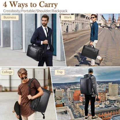 Stuery Faux Leather Messenger Bag for Men 17-17.3 Inch: Convertible 3 in 1 Backpack Laptop Briefcase Computer Handbags Shoulder CrossbodyBag with Padded for Work College Travel, PU Black - color: Dark