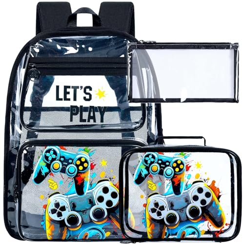 UFNDC 3PCS Clear Backpack for Girls and Boys, Unicorn Cat Transparent Bookbag, See Through School Bag for Kids Elementary - color: Boys Game Clear Backpack