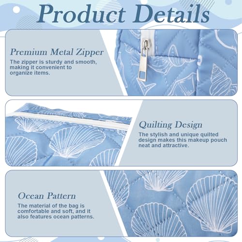 Hillban 6 Pcs Ocean Quilted Cosmetic Bags Coastal Themed Gifts Ocean Aesthetic Essential Makeup Bags Starfish Coral Seashell Beach Kit for Women Travel Vacation Accessories(Seashell) - style: Seashell