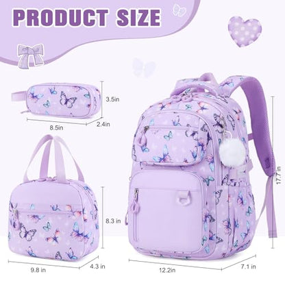 Bevalsa Backpack for Girls 3PCS Teen Girls Backpack for School with Lunch Bag Pencil Case Purple Cute Kids Laptop Backpacks Bookbag for Elementary Middle High School College Student (Butterfly) - color: Purple Butterfly