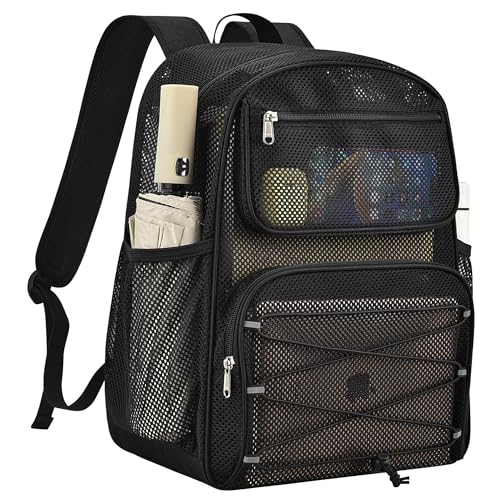 Paxiland Mesh Backpack Heavy Duty See Through Mesh Bookbag Large Backpack for Travel Swimming Outdoor Sports Beach, Black - color: Black-27l