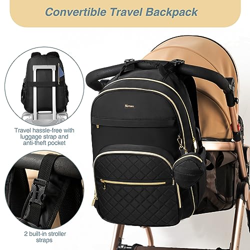 MOMUVO Diaper Bag Backpack, Quilted Baby Bag with Changing Pad and Stroller Straps and Pacifier Case, Large Travel Diaper Bags for Mom Dad,Black - color: Black Check