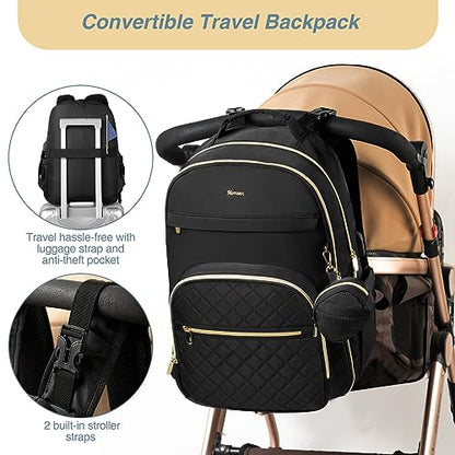 MOMUVO Diaper Bag Backpack, Quilted Baby Bag with Changing Pad and Stroller Straps and Pacifier Case, Large Travel Diaper Bags for Mom Dad,Black - color: Black Check