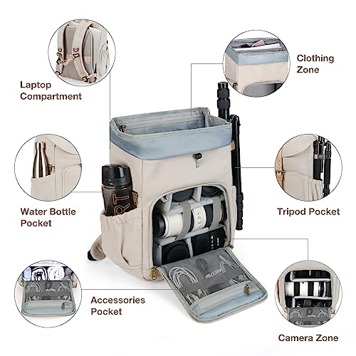 BAGSMART Camera Backpack, DSLR Camera Bag Backpacks for Photographers, Waterproof Anti-Theft Photography Backpack with 15 Inch Laptop Compartment & Tripod Holder, Ivory White - color: A-ivory White[single Buckle]