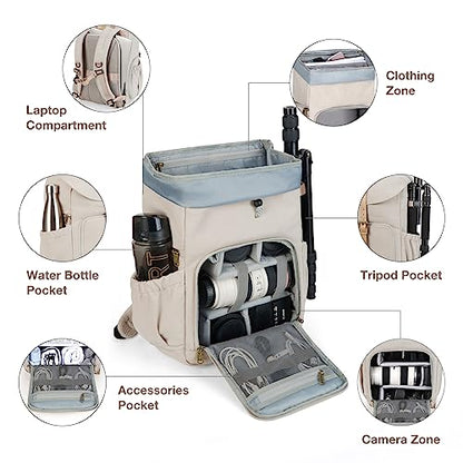 BAGSMART Camera Backpack, DSLR Camera Bag Backpacks for Photographers, Waterproof Anti-Theft Photography Backpack with 15 Inch Laptop Compartment & Tripod Holder, Ivory White - color: A-ivory White[single Buckle]