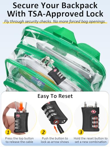Clear Backpack Heavy Duty With A TSA Lock, 18 Inch Large Clear Back pack, Transparent See Through Bookbag for College, Work, Travel, Sport- Green - color: Green