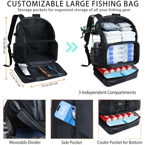 Fishing Backpack with Tackle Boxes and Rod Holder, Cooler, 30L Large Tackle Bag with Fishing Gear Lures Kit, Waterproof Bottom tackle Backpack Fish Set Gifts for Men Women-Black Back Pack - color: Black BackPack