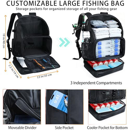 Fishing Backpack with Tackle Boxes and Rod Holder, Cooler, 30L Large Tackle Bag with Fishing Gear Lures Kit, Waterproof Bottom tackle Backpack Fish Set Gifts for Men Women-Black Back Pack - color: Black BackPack