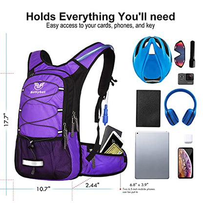 Mothybot Insulated Hydration Backpack Pack with 3L BPA Free Leak Proof Water Bladder, Large Storage Lightweight Hiking Daypack with Waist Pouches & Cooler Layer, for Running, Biking, Camping, Festival - color: Purple