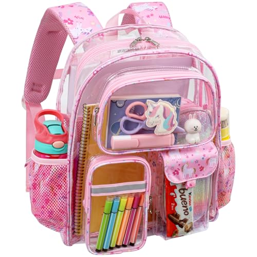 Bagseri Clear Backpack for Girls, 15 Inch Heavy Duty Kids Transparent Bookbag for School Kindergarten to 2nd Grade, Fits 12.5 Inch Folders, High Visibility Reflective Strips, Pink Unicorn - color: 1pcs, A-pink Unicorn, style: Backpack