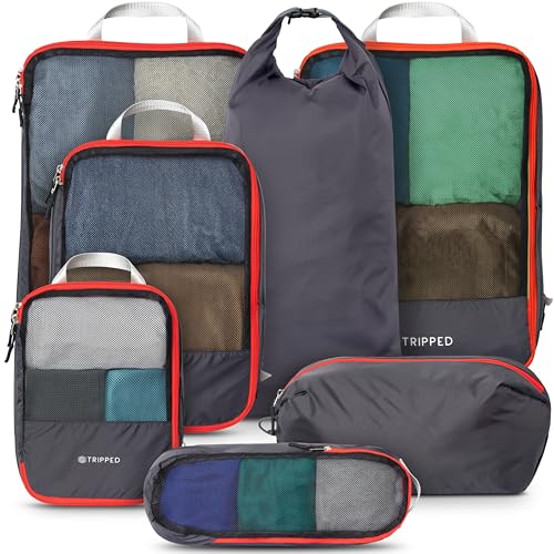 Large Compression Packing Cubes for Travel-Packing Cube Luggage Organizers 7 Piece Set for Checked Luggage-Ultralight, Expandable/Compression Bags by TRIPPED Travel Gear (Grey and Orange Mesh) - color: Grey and Orange-Mesh