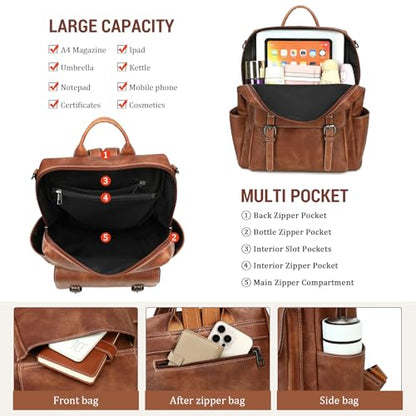 AGLOD Backpack Purse for Women PU Leather Back Packs Designer Ladies Shoulder Bag Fashion Faux Work Travel Handbags - color: Two-toned Brown