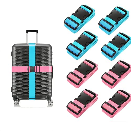 BILIONE Luggage Straps, 79" Long Belts Keep Suitcase Secure While Traveling, TSA Approved Add a Bag Premium Accessory for Travel Bag Closure (Blue+Rose Pink, 8Pcs) - color: Blue+Rose Pink, size: 8Pcs