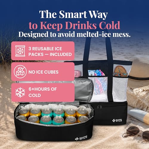 Beach Bag with Cooler Compartment Plus 3 Ice Packs – Keeps Drinks Cold for 6+ Hours – Insulated Beach Tote and Cooler Combo – Stay Organized with Two Bags in One- Perfect for Poolside and Picnics - color: Black and White