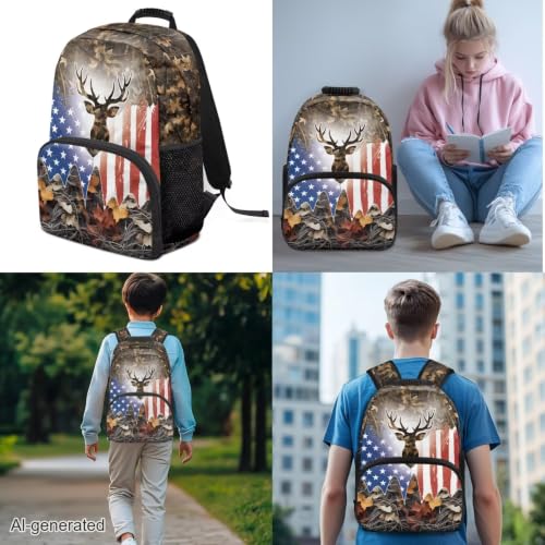 3pcs School Backpack Set With Lunch Box Pencil Case, USA Deer 17 Inch Large Capacity Bookpacks 3 In 1 Set For Boys Girls - color: Usa Deer