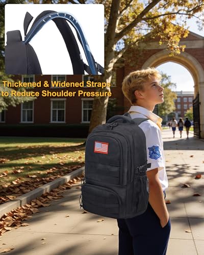 30L Tactical Camo Backpack for Boys 900D Military Schoolbag with 4 Pockets - color: Black