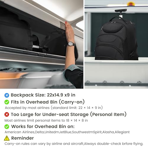 Boavan Rolling Backpack,17 inch Water Resistant Wheeled Backpack,Carry on Luggage Business Bag, Overnight College Computer Trolley Suitcase for Men Women Adults to Travel，Black - color: Black, size: 17.3 inches
