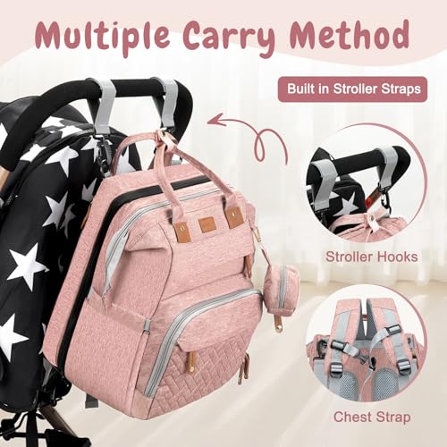 JOYCE Diaper Bag Backpack with Changing Pad, Water-Resistant, Pink | Portable changinag pad, insulated bottle pockets, stroller straps, pacifier case, Multi-Compartment storage - color: Pink
