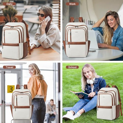 Shrrie 17 inch Leather Laptop Backpack for Women, Large Travel Backpack with 6 Compartments, Computer Backpack Purse for Work College - color: Beige