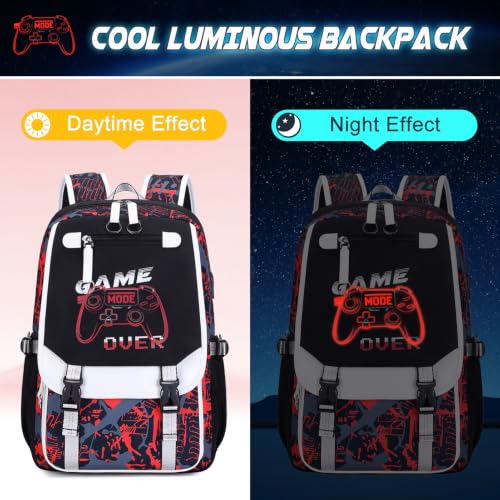 Bevalsa Backpack for Boys, Cool Luminous Boys Backpack with Sling Bag, Lunch Box & Pen Case, School Bags for Kids Children Teens Elementary Middle Schools, Bookbag Glow In The Dark (Red Game) - color: Red Game
