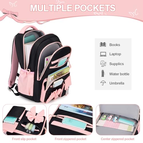 DIGOBAY Backpack for Girls, 3PCS Girls Backpack for School with Lunch Bag Pencil Case, Cute Kids Teens Bookbag for Kindergarten Elementary Preschool Middle School (Black-Pink) - color: Black-pink