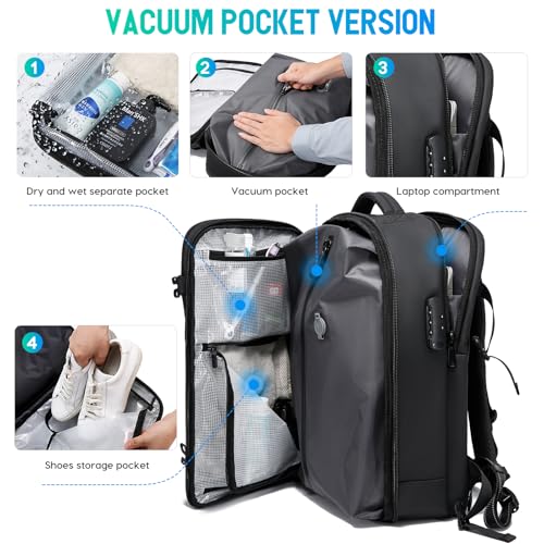 BANGE Travel Backpack with Vacuum Pocket and TSA lock version can hold 15.6 inch Laptop suitable Overnight Flight Approved Anti-theft Bag - color: Black With Air Pump