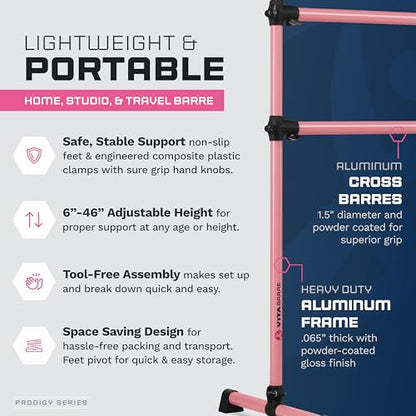 VITA Barre Portable Freestanding Double Ballet Barre, Prodigy, Aluminum | Adjustable Height, USA Made, Home or Gym Exercise Equipment for Kids & Adults | Dance, Fitness, Pilates - color: Light Pink, style: 8 Ft