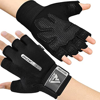 RDX Weight Lifting Gloves Gym Fitness Workout, Anti Slip Padded Full Palm Protection, Ultra Ventilated, Bodybuilding Strength Training HIIT WOD Exercise, Half Finger Men Women Cycling Rowing Climbing - color: Black, size: Large