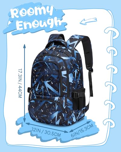 BLUEFAIRY Kids School Backpack for Boys Girls Ages 6-8 8-10 10-12 Elementary Middle School Book Bags with Laptop Compartment Mochilas Escolares para Niños Niñas de 8 10 12 Años (Blue, Geometric) - color: Blue