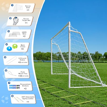 Soccer Goals for Backyard Soccer Goal 12x6 Big 10x6.5 8x6 6x4FT Soccer Goals for Youth Adults and Kids Large Metal 2" Goal Post with Agility Ladder and Target Net Soccer Cones Practice Equipment - style: 10×6.5 FT