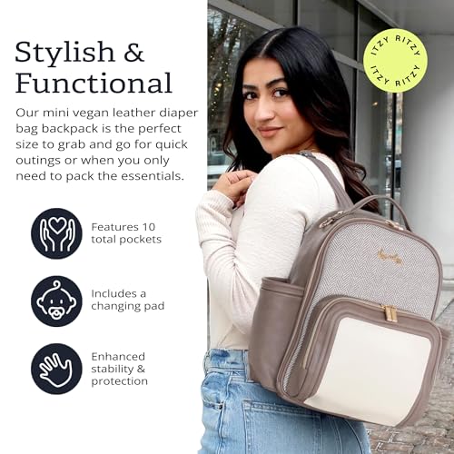 Itzy Ritzy Mini Diaper Bag Backpack – Chic, Compact Mini Plus Backpack with Changing Pad, 10 Pockets (6 Internal, 4 External), Grab-Top Handle & Rubber Feet (Vanilla Latte) - color: Vanilla Latte - Plus