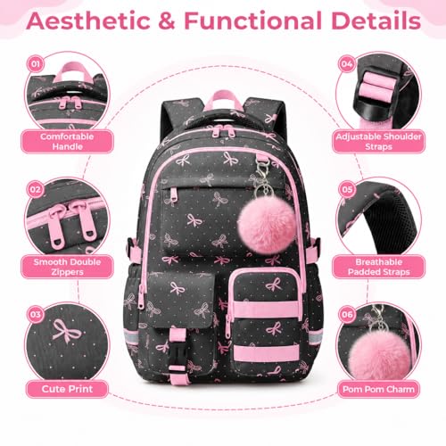 WOBAGMEN Cute Pink Bow Backpack for Teen Girls, Large Capacity Multi-Pocket School Bag Fits 15.6" Laptop, Lightweight Durable Daypack for School and Travel (Pink Bow Polka Dot, M) - color: Pink Bow Polka Dot