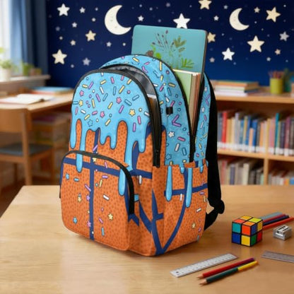 Suobstales Basketball Ice Cream Drip Print Backpack Daypack for Boys Girls, Large Capacity 17 Inch School Bag Lightweight Portable Knapsack Shoulder Bookbag Rucksack Satchel for Student - color: Basketball Ice Cream Drip 2