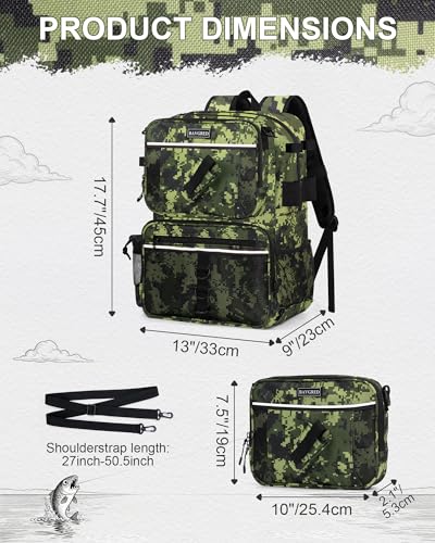 Fishing Backpack with Removable Bait Binder, Large Water Resistant Tackle Bag Storage Gear and Equipment for Fishing, Camping, Hiking, Green - color: Green Camo - Detachable