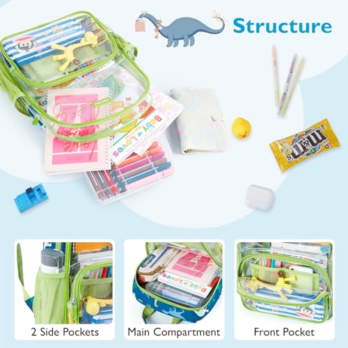 mommore Clear Backpack for Boys Kids Clear Bookbag for School Heavy Duty 15 Inch See Through Backpack Dinosaur Transparent Bag - color: Green, style: Mesh Panel Clear Backpack