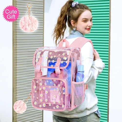 3PCS Pink Clear Backpack, Heavy Duty Transparent Bookbag for Girls Women, Stadium Approved See Through Backpack with Lunch Box (Pink Daisy) - color: Pink Daisy