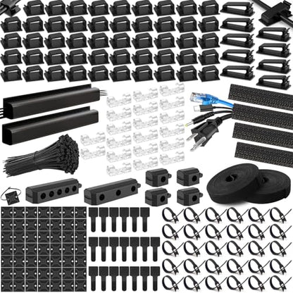 494 PCS Cable Management Kit - 4 Cable Sleeve Split, 2 Cable Organizer, 130 Adhesive Cable Clip, 6 Cable Holder, 2 Roll Cable Organizer Strap, 300 Cable Tie with 50 Mount, for Computer TV Under Desk