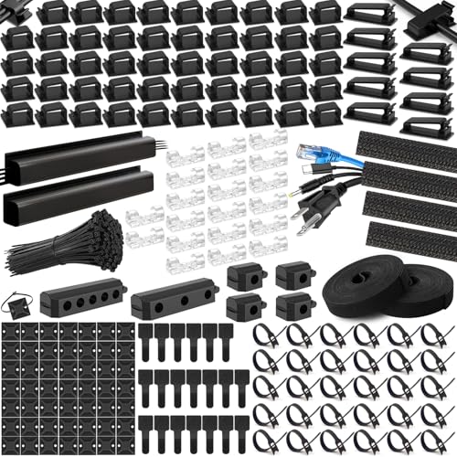 494 PCS Cable Management Kit - 4 Cable Sleeve Split, 2 Cable Organizer, 130 Adhesive Cable Clip, 6 Cable Holder, 2 Roll Cable Organizer Strap, 300 Cable Tie with 50 Mount, for Computer TV Under Desk