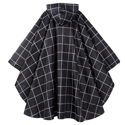 Fashion Hooded Rain Poncho Waterproof Raincoat Jacket with pocket for Women/Men/Adult - color: Black Grid