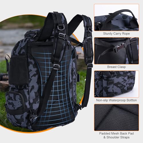 Goture 40L Fishing Tackle Backpack with Cooler and Removable Bait Binder, 900D Water-Resistant Tackle Backpack with 2 Rod Holders, Fishing Bag Storage Gear Tackle Bag with Rain Cover Camouflage - color: Camouflage, size: A - Trays not included