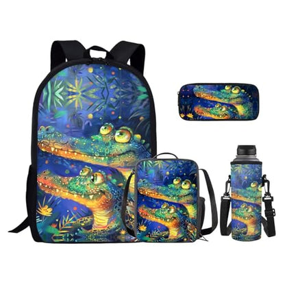 Crocodile Leaves Backpack for Boys 17 Inch Backpack with Lunch Bag Pencil Case Water Bottle Holder Elementary Middle School Student Bookbag for Children Portable Backpack 4 in 1 Set - color: Crocodile Leaves