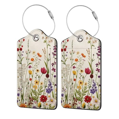 2 Pack Luggage Tags for Suitcases, PU Leather Bag Tag with Privacy Cover Address Card Travel Essentials-Colorful Floral Flowers - color: Colorful Floral Flowers